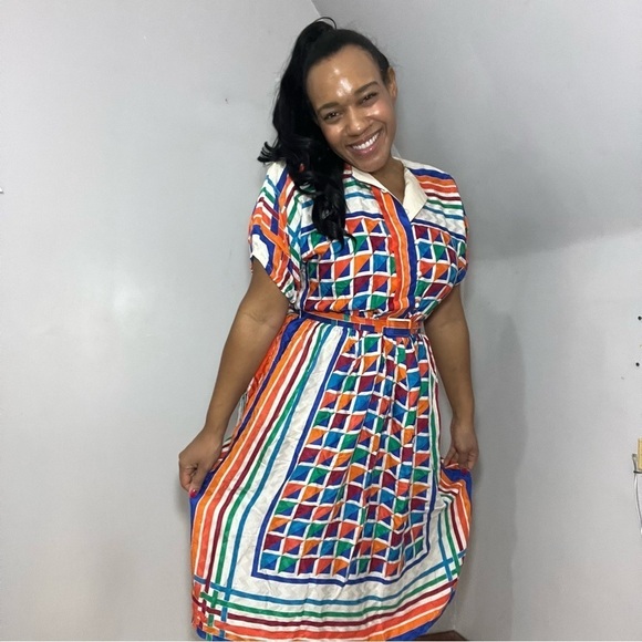 Vintage silk colorful A-line midi dress retro chic 80s twee bold graphic mod - Picture 4 of 15